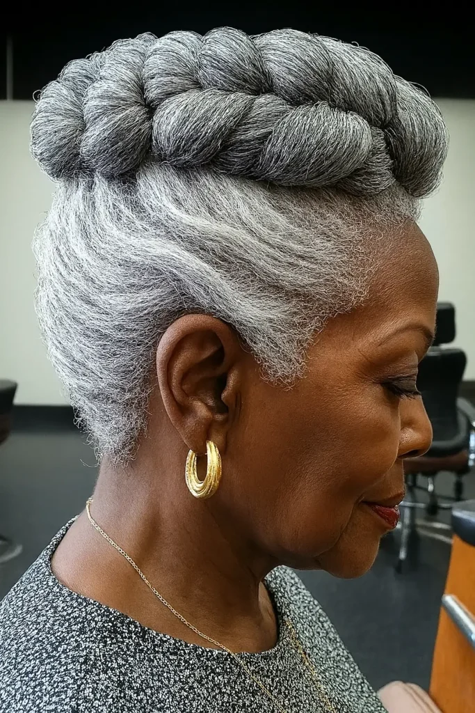 1. Elegant Gray Crown Twist Updo