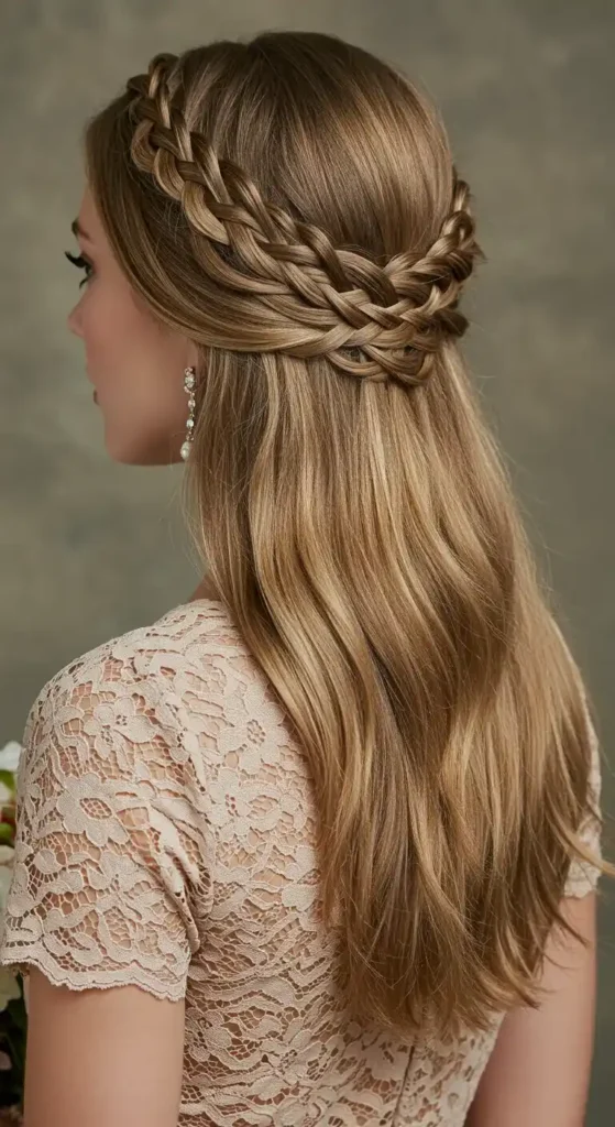21 Glamorous Hairstyles for Straight Hair -That Showcase Its Natural Shine 7 Braided Halo – Elegant Style with Intricate Detail for Straight Hair