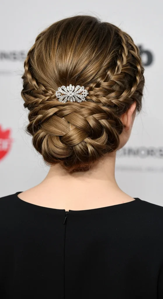 21 Glamorous Hairstyles for Straight Hair -That Showcase Its Natural Shine 13 Braided Updo with Glamour – A Luxurious, Intricate Style for Straight Hair