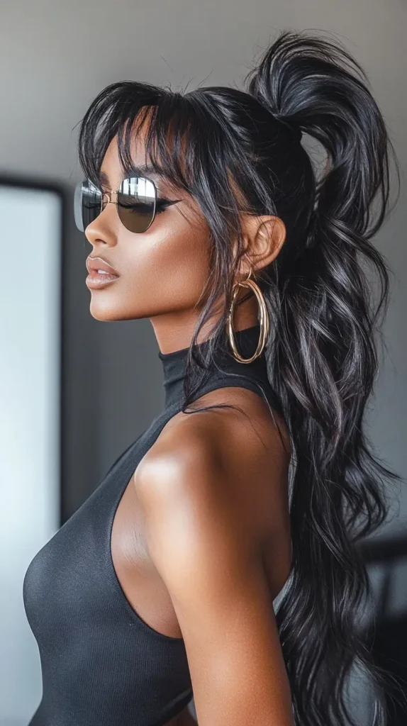 15 Spring Weave Ponytail Hairstyles with Bangs: Trendy Styles for Every Occasion 8 Casual Chic Weave Ponytail with Bangs