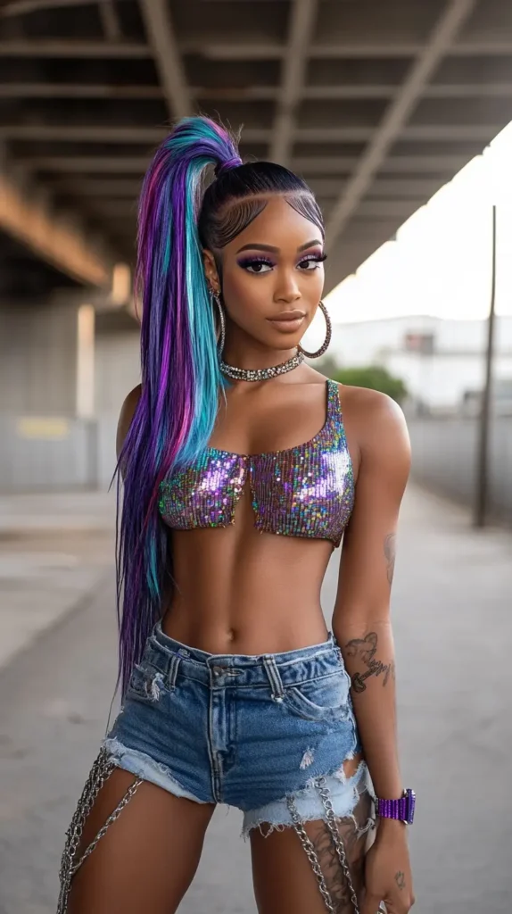 15 Spring Weave Ponytail Hairstyles with Bangs: Trendy Styles for Every Occasion 5 Electric Neon Weave Ponytail with Bold Color Pops