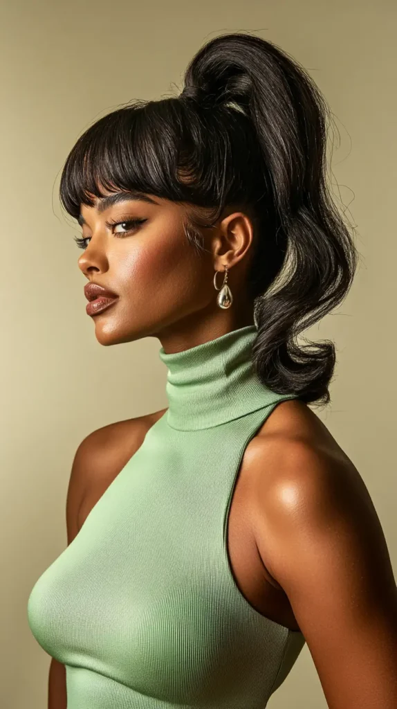 15 Spring Weave Ponytail Hairstyles with Bangs: Trendy Styles for Every Occasion 11 Elegant High Ponytail with Soft Curls and Bangs