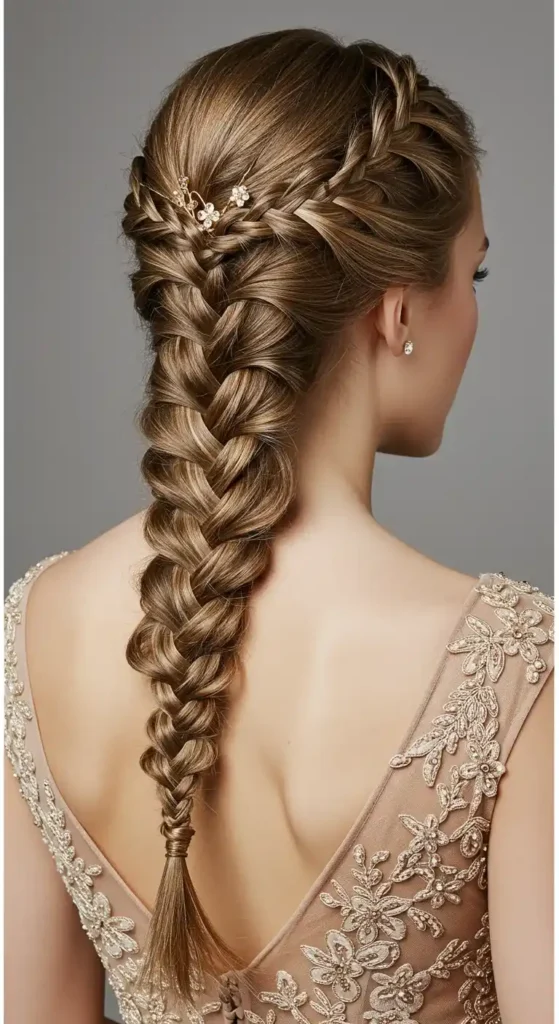 21 Glamorous Hairstyles for Straight Hair -That Showcase Its Natural Shine 12 A beautiful fishtail braid brings texture and dimension to straight hair, elegantly styled to enhance natural shine. The delicate flower pin nestled in the braid adds a touch of elegance and charm, transforming a simple braid into a stunning statement.Key Details:Fishtail Braid: Intricately woven braid adds texture and visual interest while maintaining a sleek, polished appearance.
Floral Accent: The small floral pin brings a romantic touch, perfectly complementing the braid's intricate detail.
Straight Hair Foundation: Smooth, straight strands serve as a perfect canvas, showcasing the braid’s fine details while allowing the natural shine to stand out.
Versatile Elegance: Ideal for both formal occasions and casual wear, offering a refined and timeless look.
This hairstyle is perfect for individuals seeking a refined, feminine appearance. It’s a great option for events where elegance meets creativity, with the fishtail braid offering a dynamic yet simple approach to straight hair.
