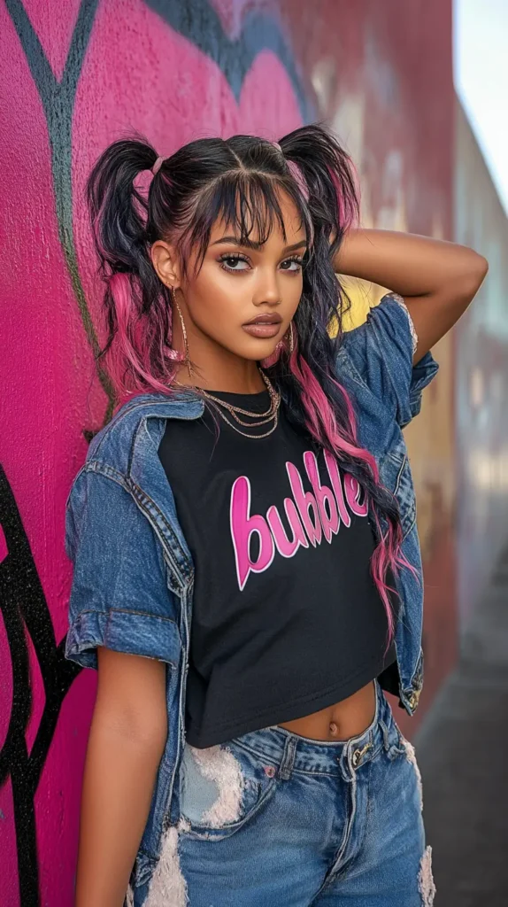 15 Spring Weave Ponytail Hairstyles with Bangs: Trendy Styles for Every Occasion 14 Half-Up Bubble Ponytail with Colorful Bangs