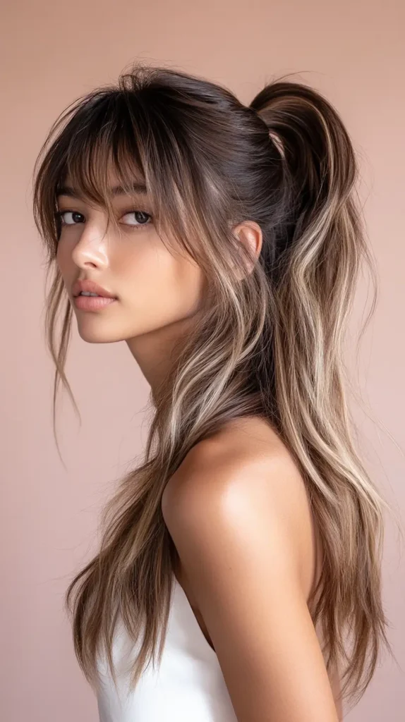 15 Spring Weave Ponytail Hairstyles with Bangs: Trendy Styles for Every Occasion 15 Ombré Cascading Weave Ponytail with Arched Bangs