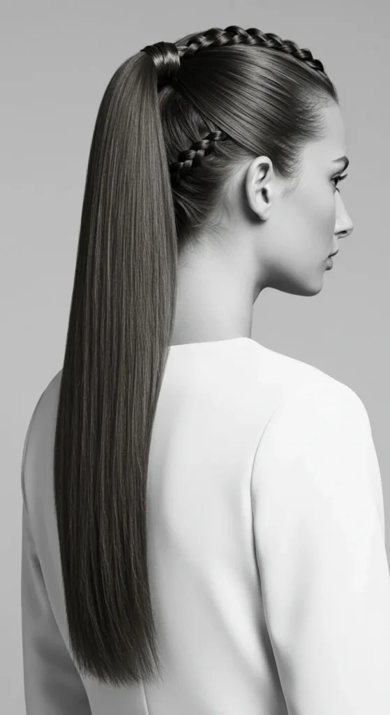 21 Glamorous Hairstyles for Straight Hair -That Showcase Its Natural Shine 3 Sleek Braided Ponytail – A Modern Take on Classic Elegance