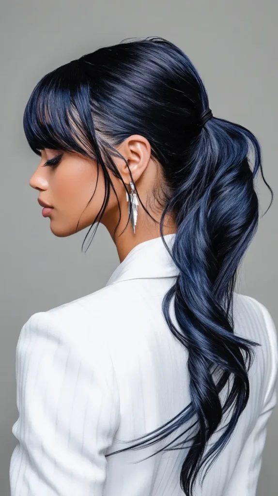 15 Spring Weave Ponytail Hairstyles with Bangs: Trendy Styles for Every Occasion 2 Sleek Celestial Cascade Ponytail with Bangs