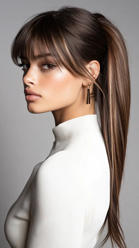 15 Spring Weave Ponytail Hairstyles with Bangs: Trendy Styles for Every Occasion 10 Sleek High Ponytail with Soft Bangs