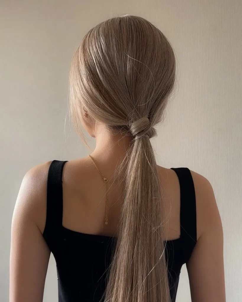 21 Glamorous Hairstyles for Straight Hair -That Showcase Its Natural Shine 17 Sleek Minimalist Half-Up with Knot – Effortless Yet Chic for Straight Hair