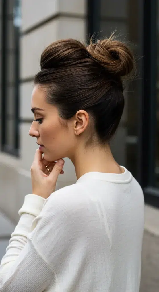 21 Glamorous Hairstyles for Straight Hair -That Showcase Its Natural Shine 10 Sleek Top Knot – Effortless Elegance with a Polished Twist