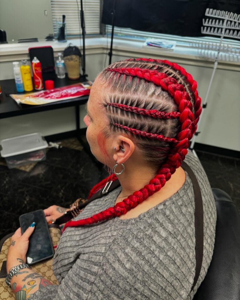 8. Fiery Red Two Long Braids with Side Details