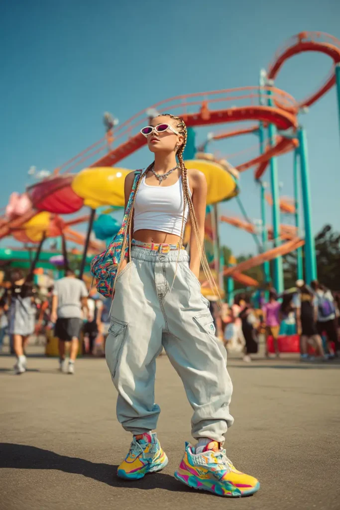 20 Cool Theme Park Outfit Ideas: Effortless Styles That Keep You Moving 2 #1. Y2K Cargo Cool & Braided Vibes
