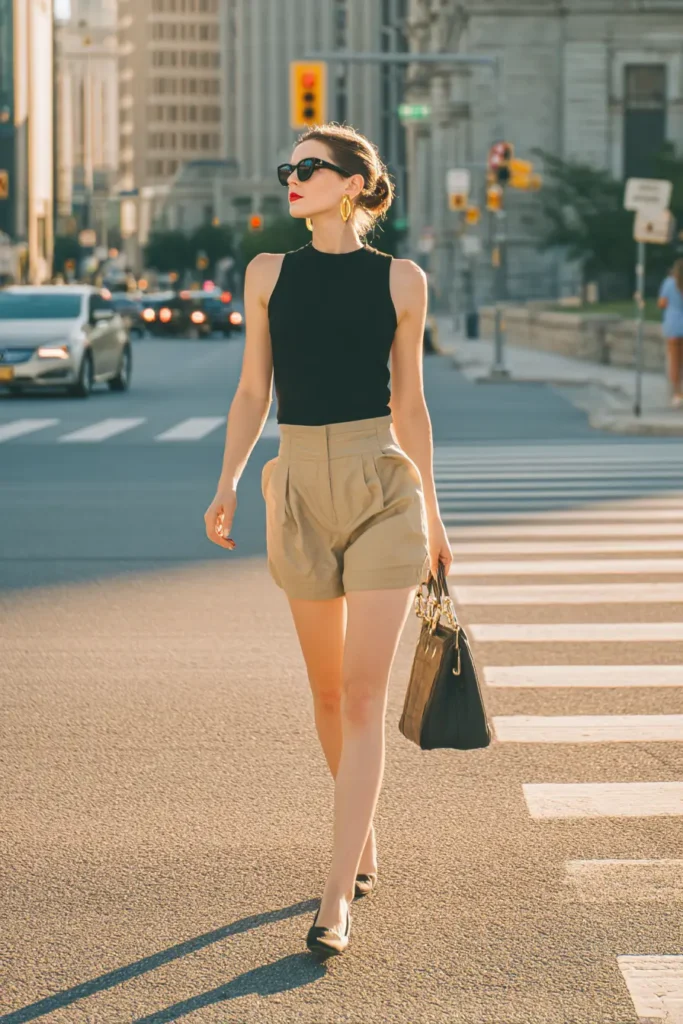 #10. Tailored Khaki Shorts with Sleeveless Black Top