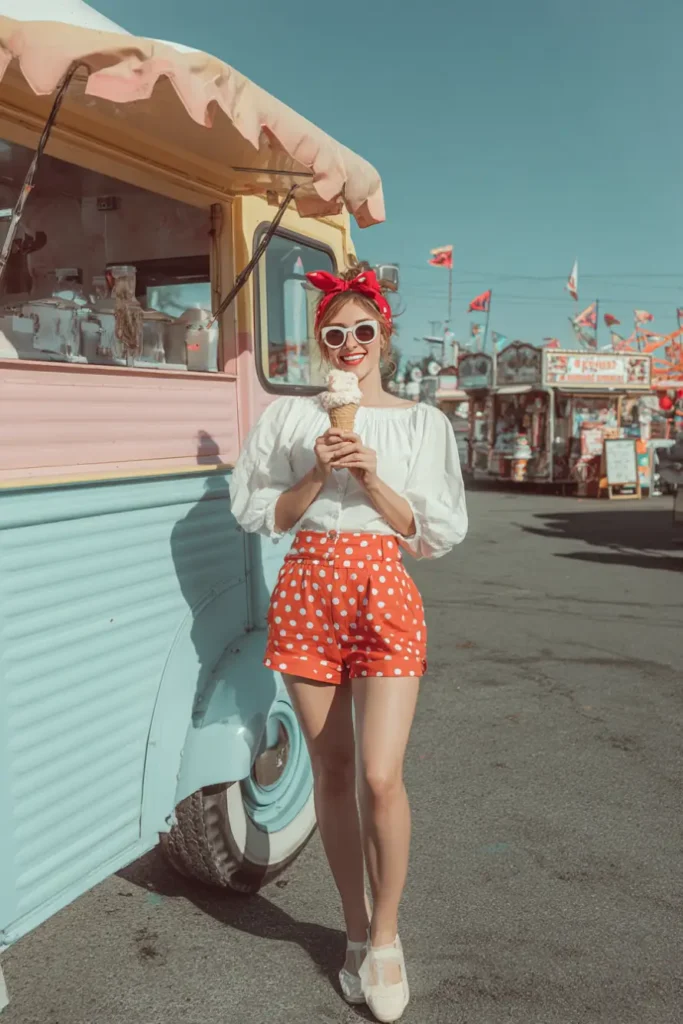 #11. Polka Dot High-Waisted Shorts with Peasant Blouse