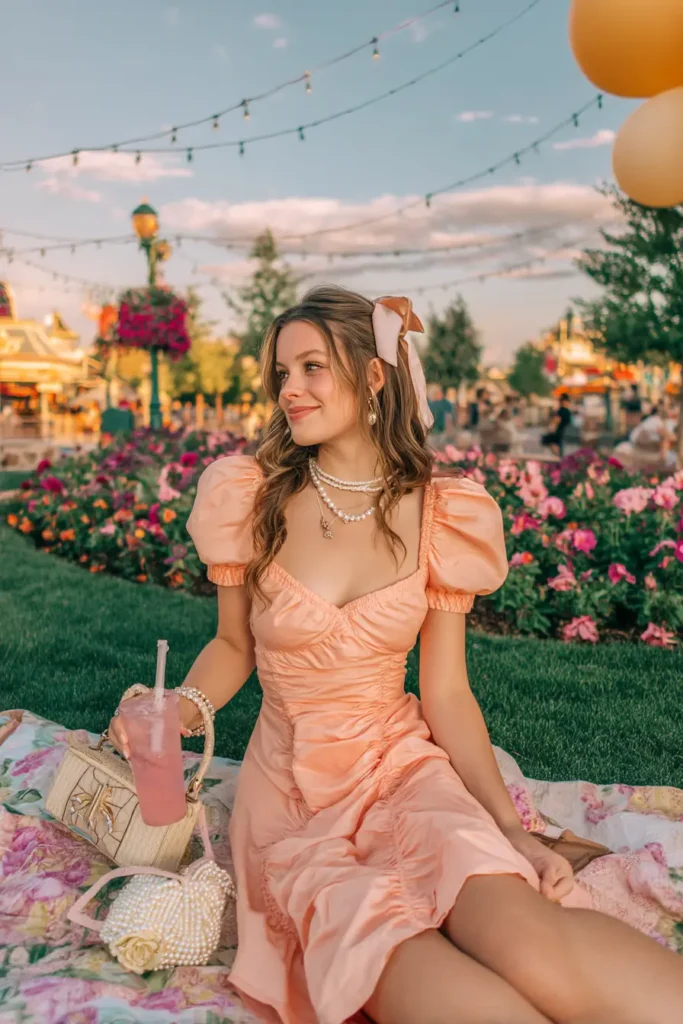 20 Cool Theme Park Outfit Ideas: Effortless Styles That Keep You Moving 14 #13. Peach Fizz & Garden Daydreams