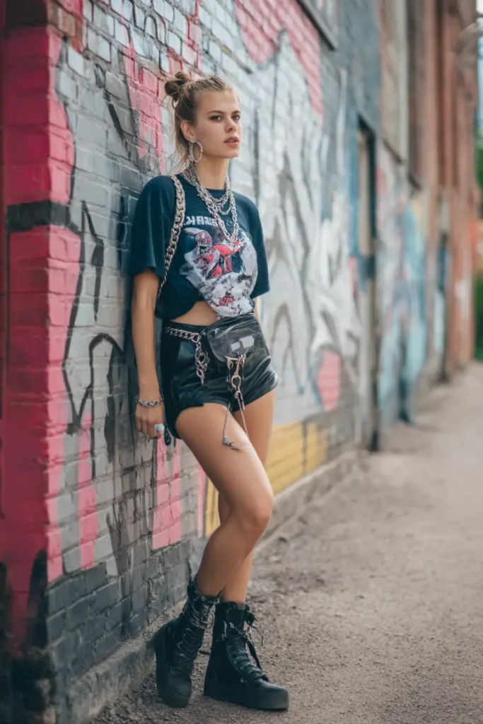 #14. Graphic Tee with Chain-Laced Faux Leather Shorts