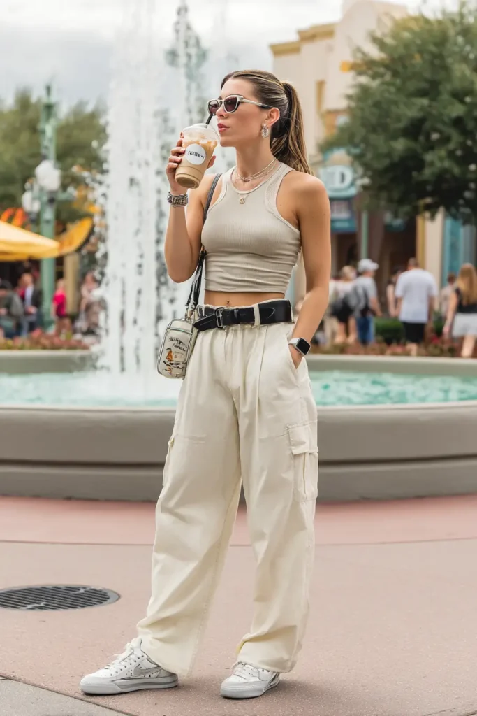 20 Cool Theme Park Outfit Ideas: Effortless Styles That Keep You Moving 16 #15. Neutral Utility & Coffee Break Cool