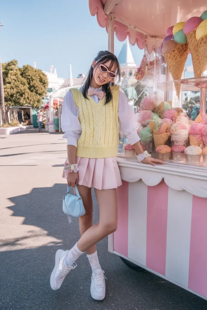 20 Cool Theme Park Outfit Ideas: Effortless Styles That Keep You Moving 17 #16. Pastel Prep & Ice Cream Charm