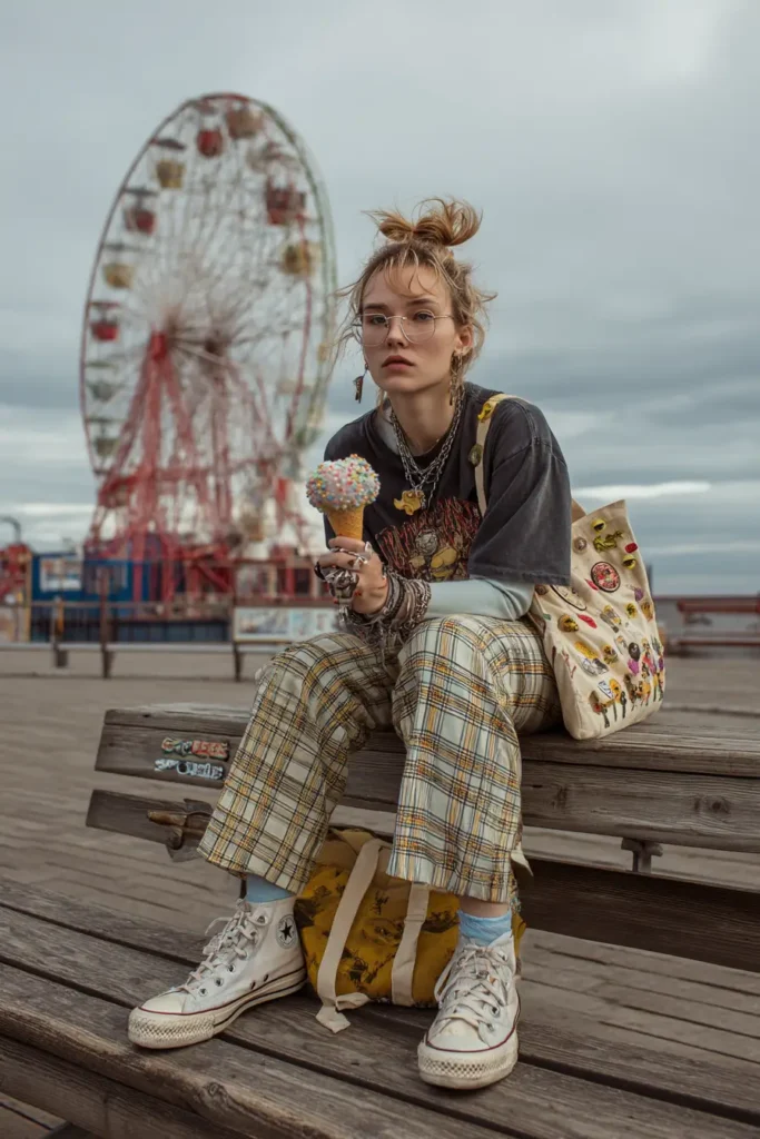 20 Cool Theme Park Outfit Ideas: Effortless Styles That Keep You Moving 18 #17. Grunge Layers & Ferris Wheel Mood