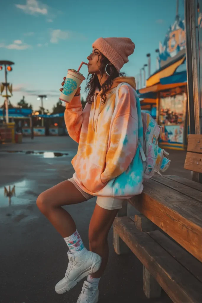 20 Cool Theme Park Outfit Ideas: Effortless Styles That Keep You Moving 20 #19. Sunset Hoodie & Slushie Strolls