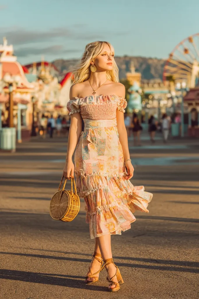 20 Cool Theme Park Outfit Ideas: Effortless Styles That Keep You Moving 3 #2. Ruffled Romance & Sunset Tones