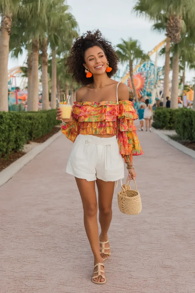 20 Cool Theme Park Outfit Ideas: Effortless Styles That Keep You Moving 21 #20. Tropical Layers & Citrus Glow