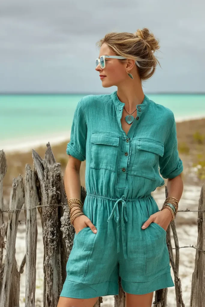 #23. Turquoise Linen Romper with Coastal Accessories