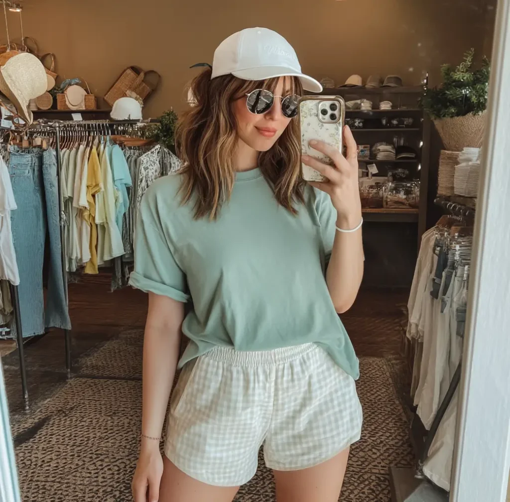 #3. Mint Tee with Gingham Lounge Shorts
