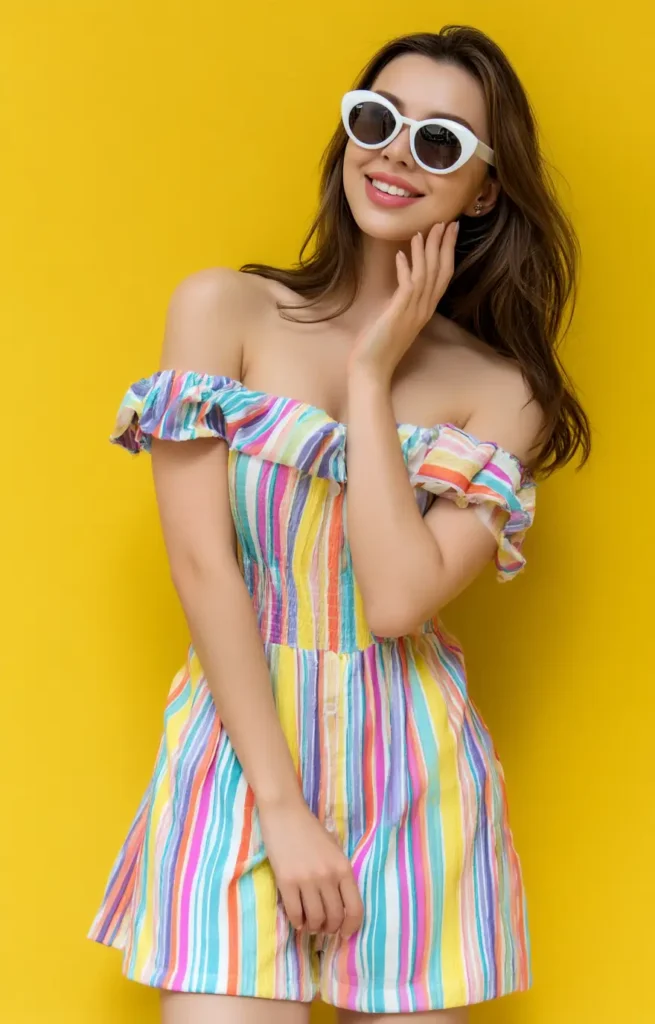 #3. Off-Shoulder Rainbow Stripe Romper
