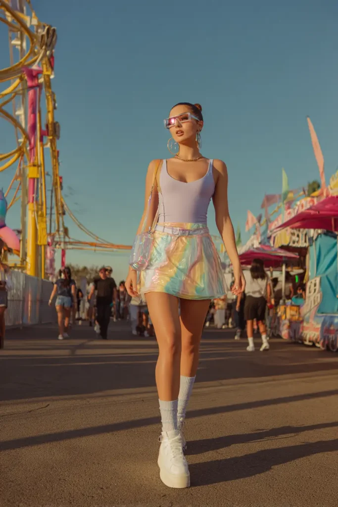 20 Cool Theme Park Outfit Ideas: Effortless Styles That Keep You Moving 5 #4. Holographic Hype & Lavender Heat