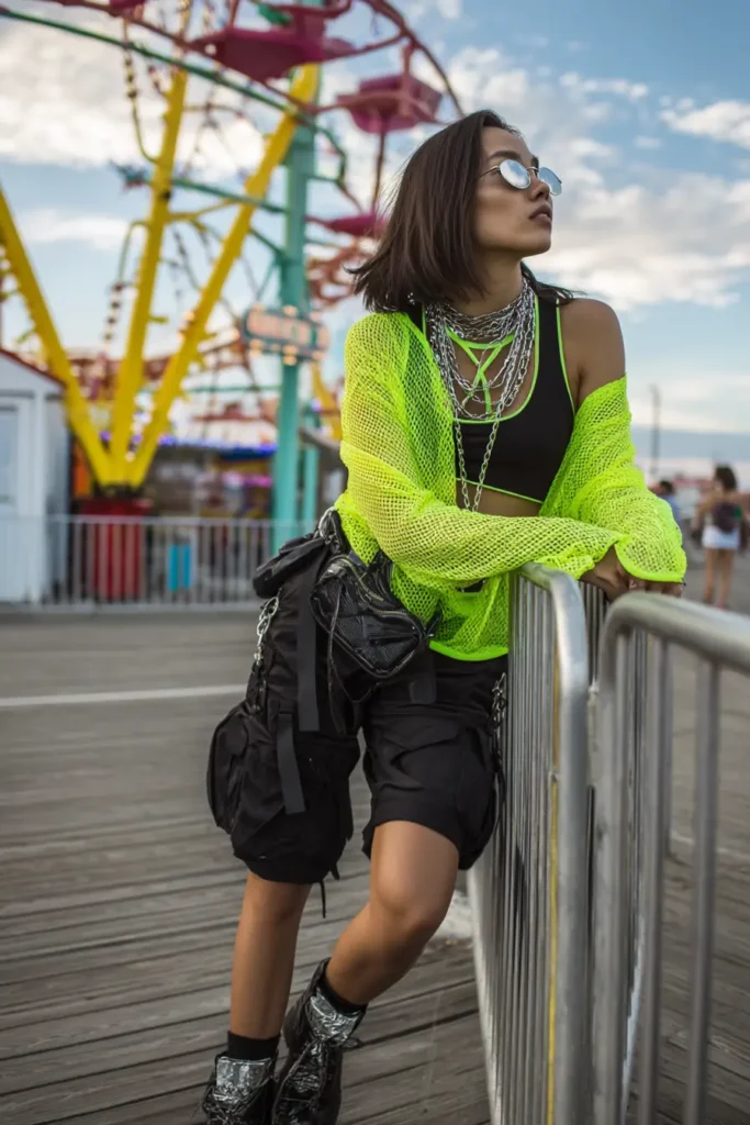 20 Cool Theme Park Outfit Ideas: Effortless Styles That Keep You Moving 7 #6. Neon Grunge & Cyber Edge