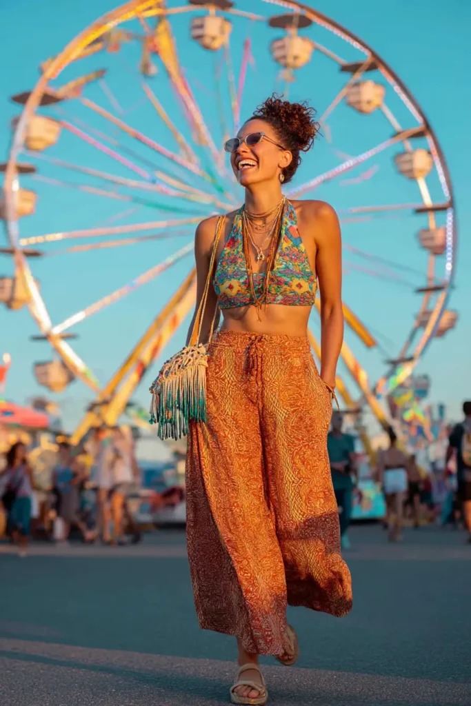 20 Cool Theme Park Outfit Ideas: Effortless Styles That Keep You Moving 10 #8. Boho Brights & Ferris Wheel Feels