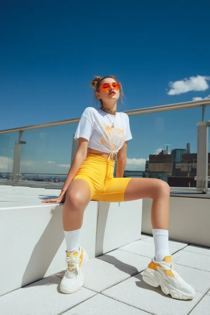 #9. Graphic Tee with High-Waisted Yellow Biker Shorts
