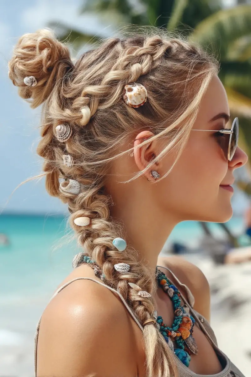 25 Best Beach Hairstyles For Summer: Fresh Hair Inspo for Sandy Adventures 9 Boho Mermaid Braids with Seashell Charms