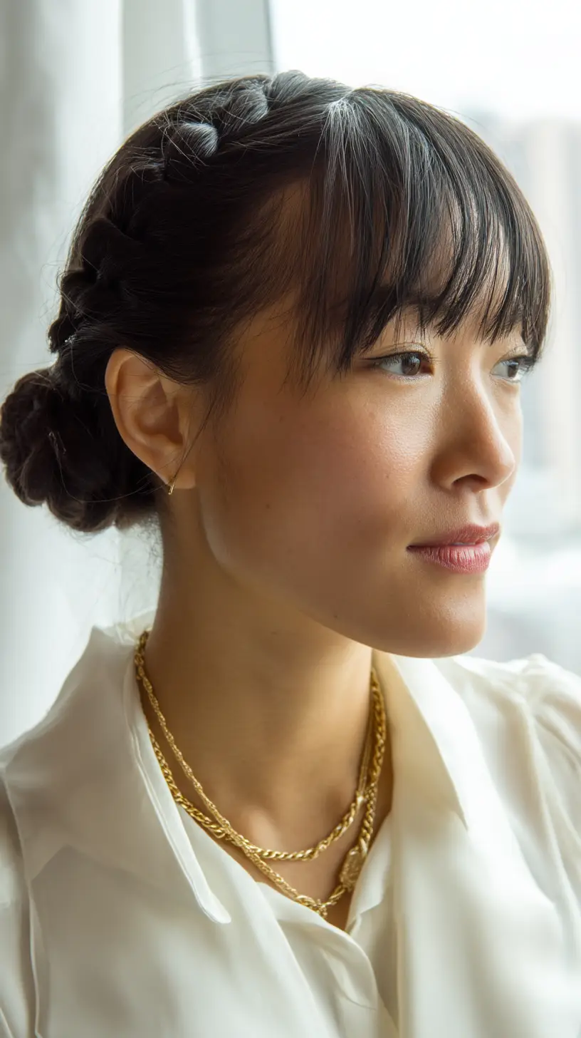 20 Classy Work Hairstyles Ideas for Girls: Elegant and Easy Styles to Wear Daily 19 Braided Crown Bun with Fringe