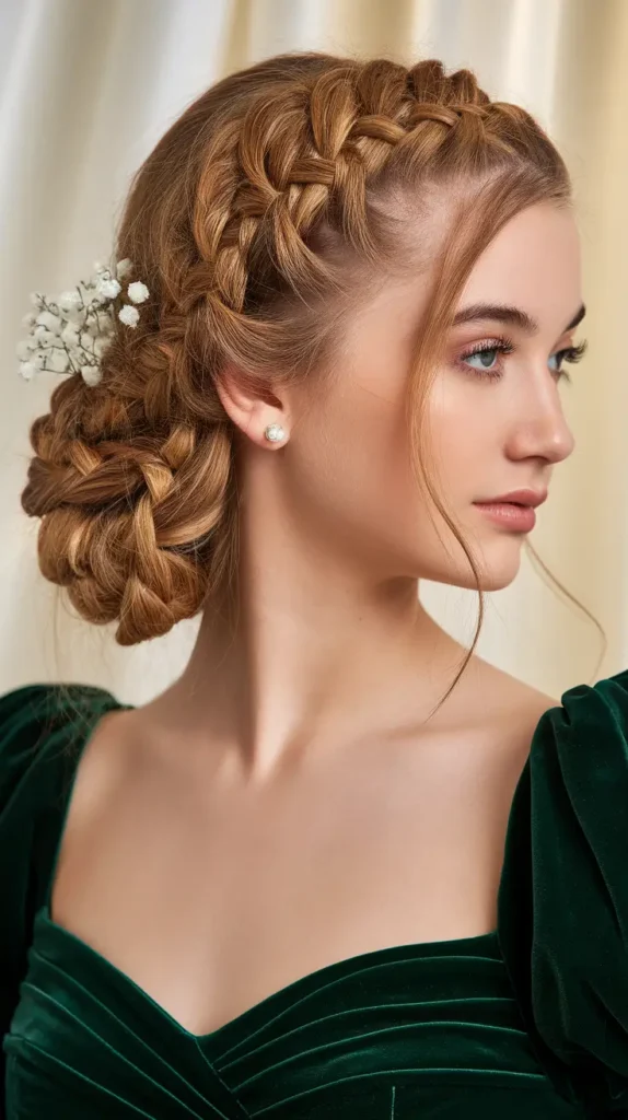 15 Glamorous Prom Hairstyles for Medium Length Hair: No Salon Required 14 Braided Low Bun with Baby's Breath