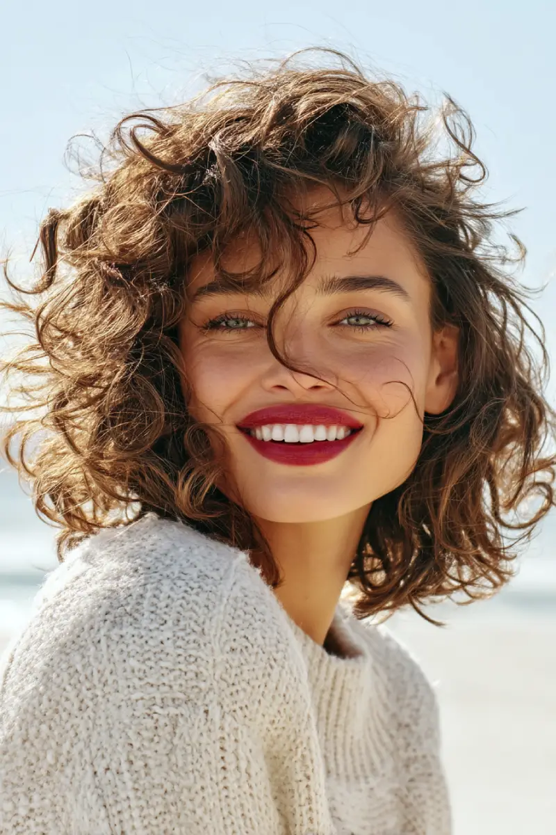 21 Trendy Medium Length Layered Hairstyles: Modern Styles for a Fresh Update 15 Carefree Curly Bob with Sunlit Texture