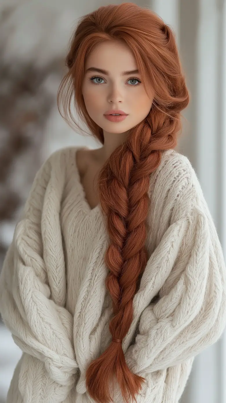 Cozy Side Braid with Soft Volume on Copper Hair