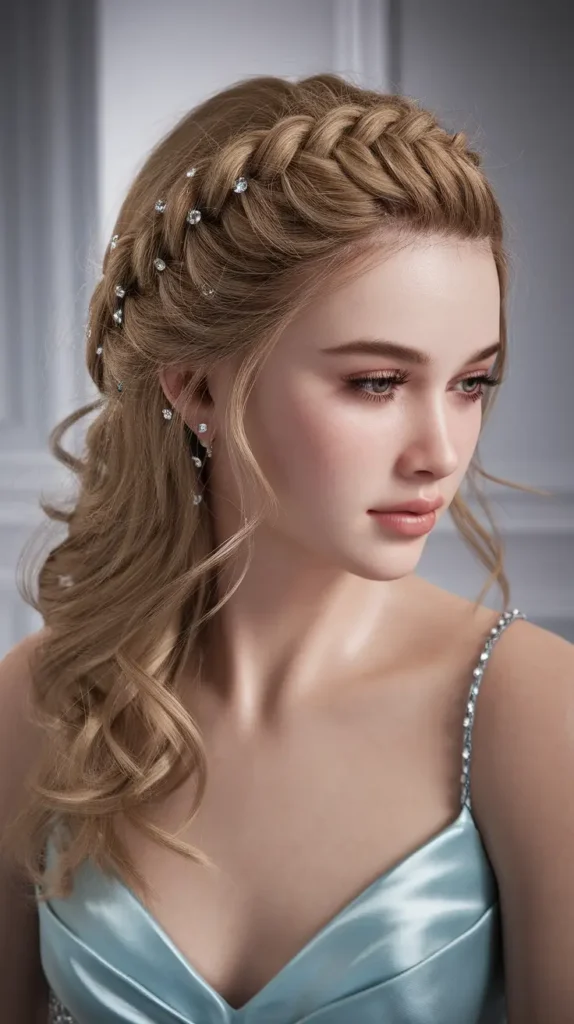 15 Glamorous Prom Hairstyles for Medium Length Hair: No Salon Required 12 Crystal Braided Crown Wave