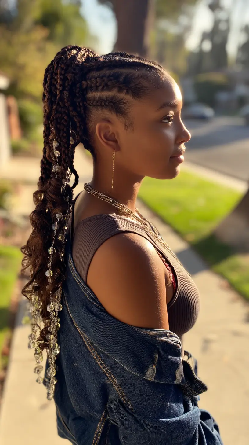 Curly High Pony Knotless Braids with Crystal Charm Beads