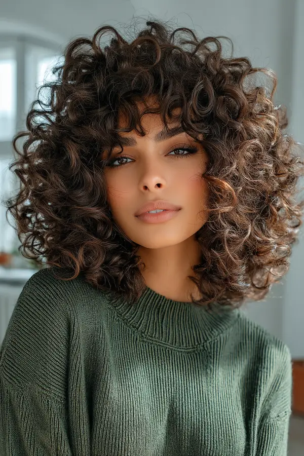 25 Trendy Wolf Haircut Ideas for Women: Chic Layers and Textures to Rock This Season 4 Curly Wolf Cut with Voluminous Layers and Soft Fringe