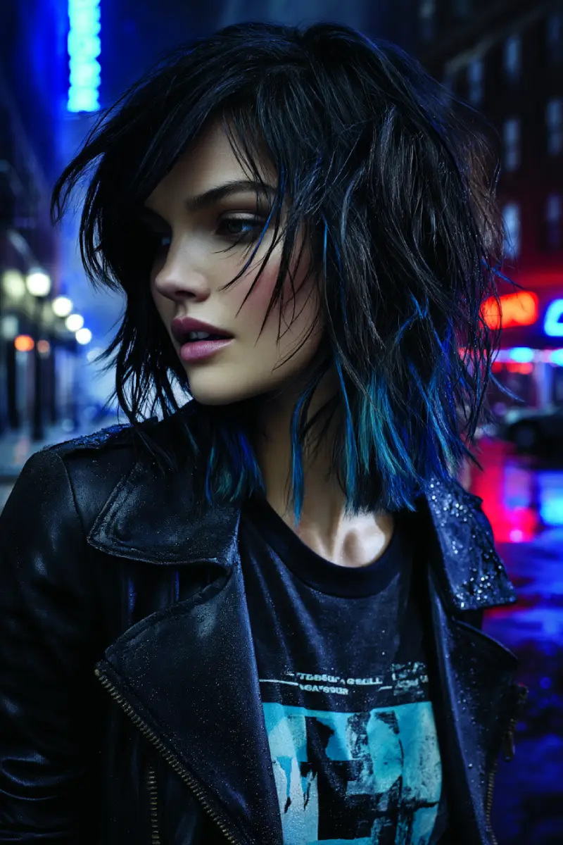 21 Trendy Medium Length Layered Hairstyles: Modern Styles for a Fresh Update 20 Edgy Shaggy Layers with Electric Blue Streaks