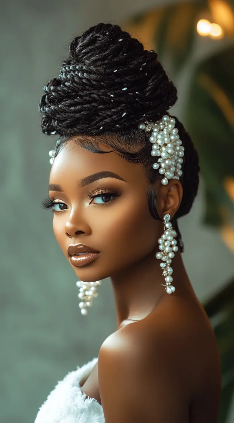 Elegant Updo Knotless Braids with Pearl Adornments