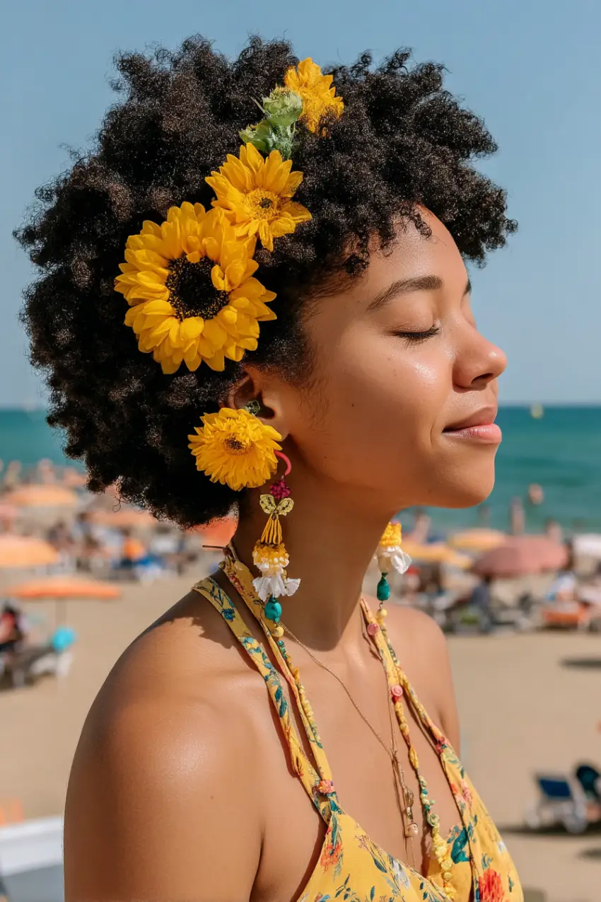 25 Best Beach Hairstyles For Summer: Fresh Hair Inspo for Sandy Adventures 4 Floral Crown Afro with Sun-Kissed Texture