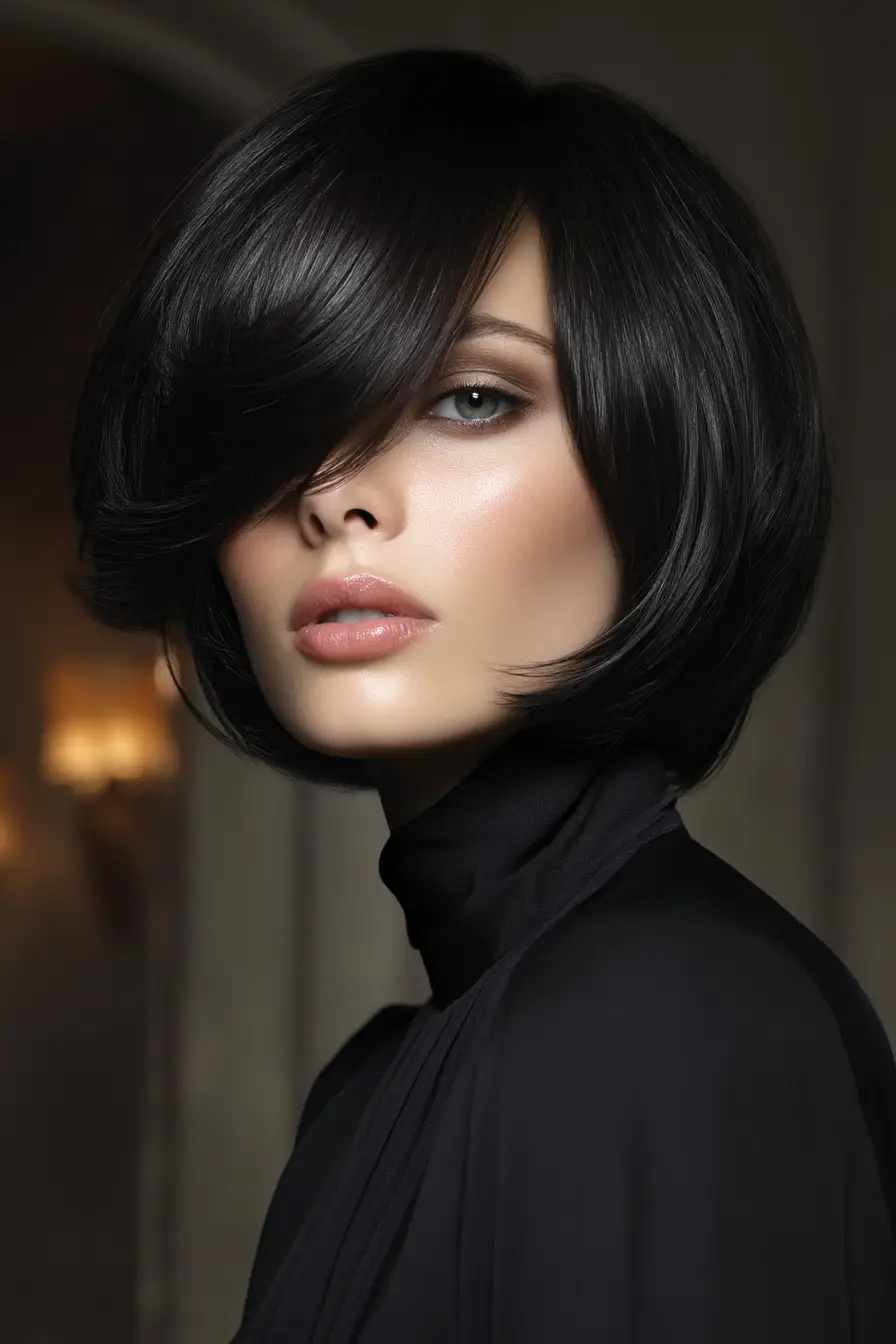 25 Trendy Wolf Haircut Ideas for Women: Chic Layers and Textures to Rock This Season 22 Glossy Jet Black Wolf Cut with Asymmetrical Bob Shape