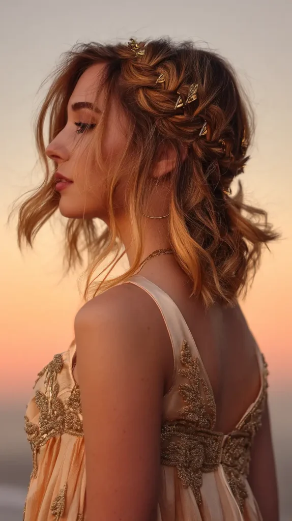 15 Glamorous Prom Hairstyles for Medium Length Hair: No Salon Required 6 Golden Sunset Crown