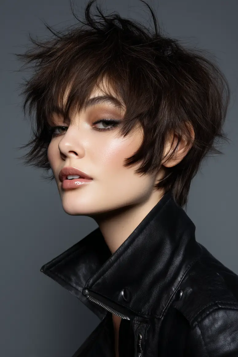 25 Trendy Wolf Haircut Ideas for Women: Chic Layers and Textures to Rock This Season 25 Messy Layered Pixie Wolf Cut in Chocolate Brown