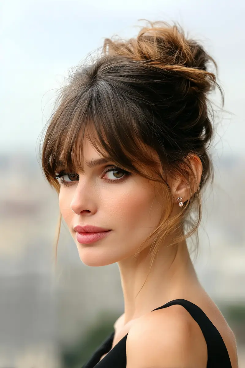 21 Trendy Medium Length Layered Hairstyles: Modern Styles for a Fresh Update 13 Messy Textured Bun with Soft Curtain Bangs