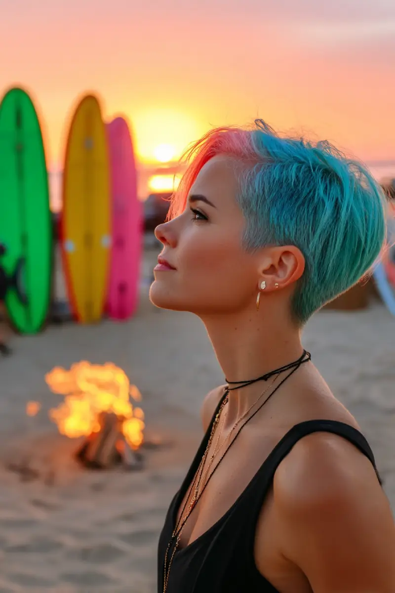 25 Best Beach Hairstyles For Summer: Fresh Hair Inspo for Sandy Adventures 23 Neon Undercut Pixie at Sunset