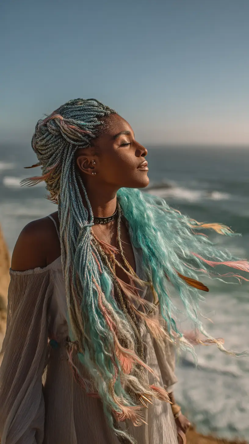 Ocean Breeze Knotless Braids with Pastel Tips and Feather Accents
